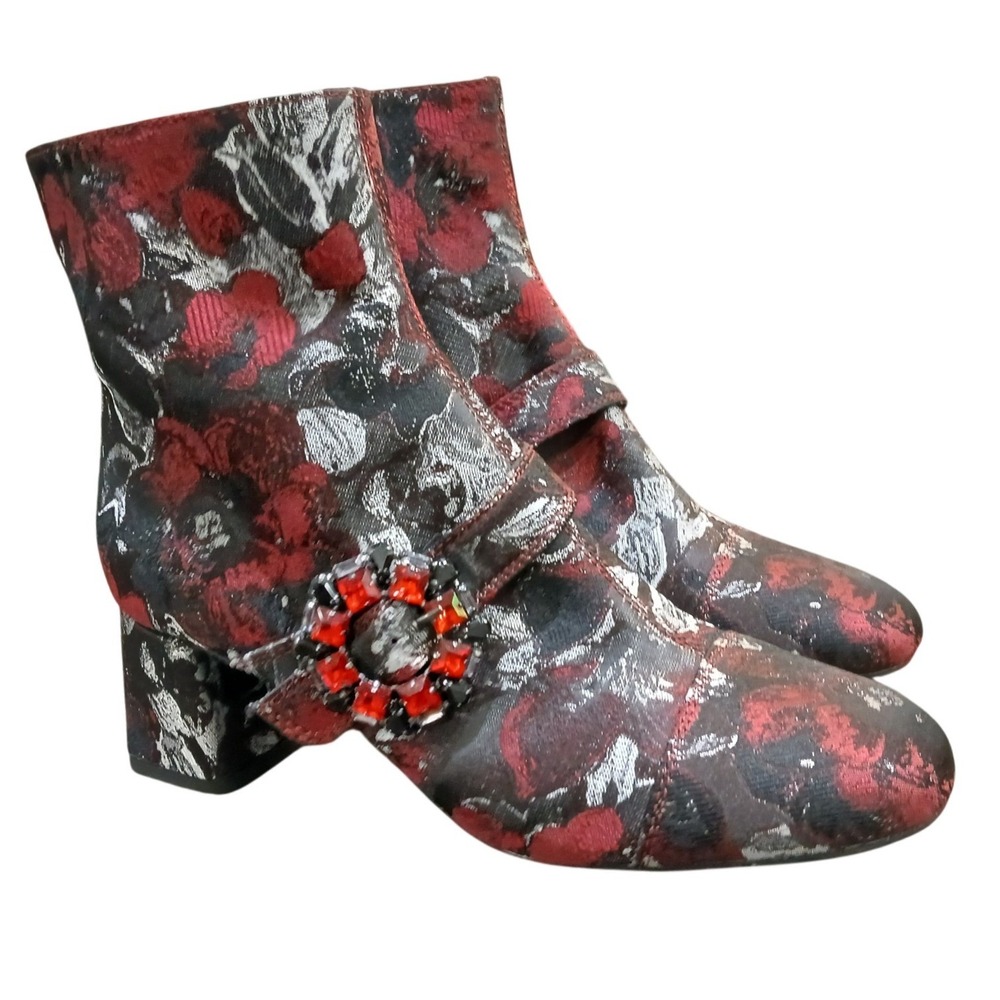 Geox Womens Floral Brocade Ankle Boots Red Black Jeweled Buckle Size 5 35